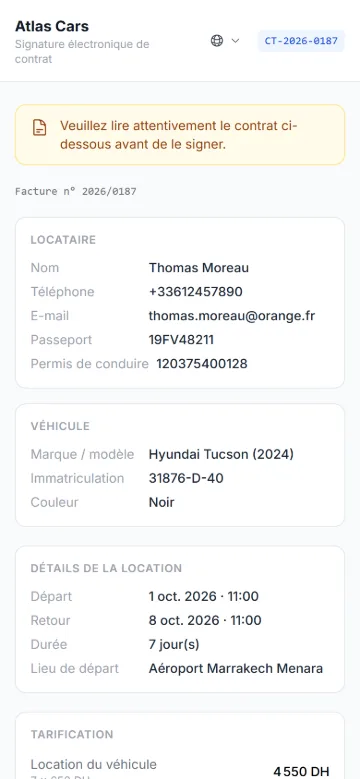 L'écran de signature de contrat Rentoth sur un téléphone